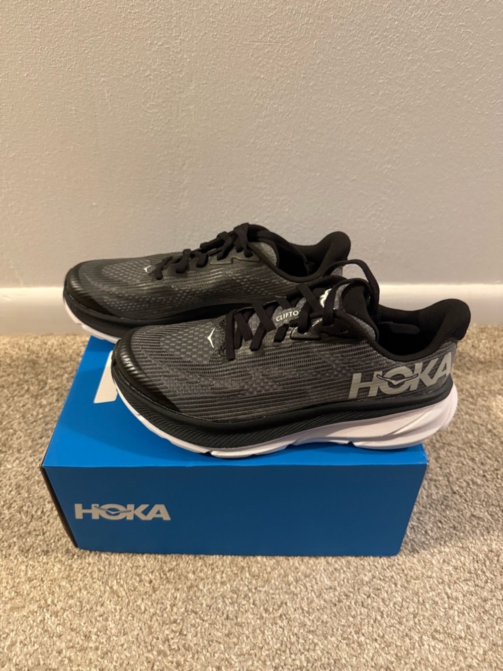HOKA Clifton 9 Running Shoes in Black and White